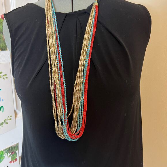 Chico’s Multi Strand Seed Bead Necklace Turquoise Gold Red Beads Long Statement - Picture 1 of 5